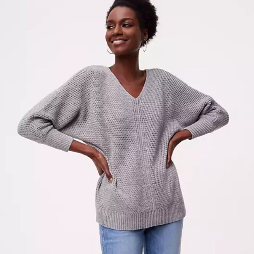 LOFT Textured Knit Dolman Sweater, Grey Space Dye, Size XS